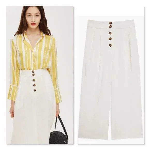 💛TOPSHOP💛 Horn Button Crop Wide Leg Trousers - [size 6 in Ivory] - Picture 5 of 16